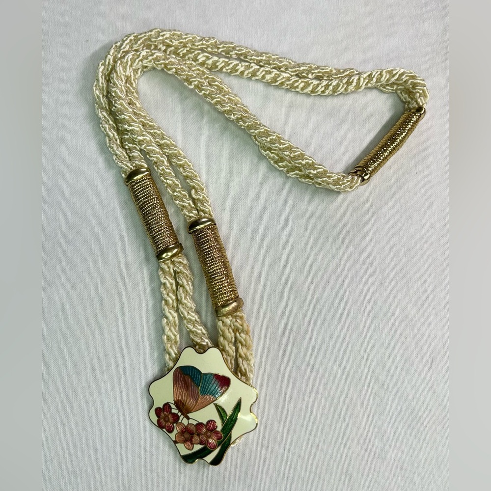 1980s Ivory Silk Rope Belt w/ Floral & Butterfly Accents - Vintage